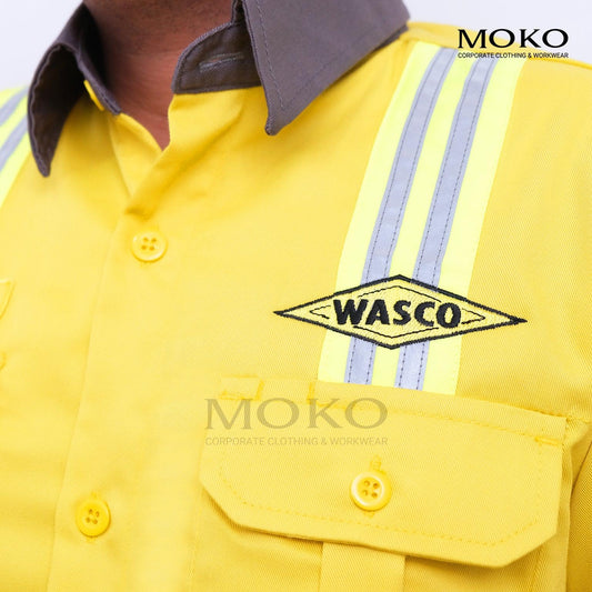 Yellow high-visibility safety work shirt with reflective stripes and WASCO logo