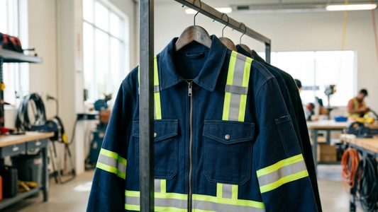 A professional cinematic photograph of a high-quality electrical utility workwear hanging on a minimalist rack